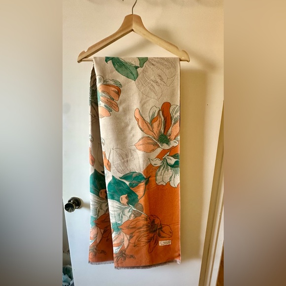 Accessories - Floral Print Cashmere Scarf in Orange and Green
